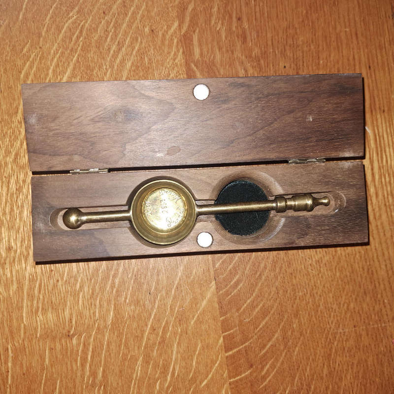 Brass tot measure made by Randall Wicomb in box