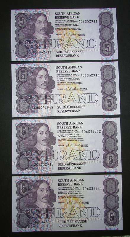 Republic of South African : CL Stals Five Rand Notes ( 4 In Sequence )