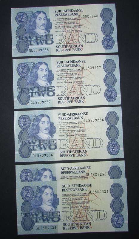Republic of South African : Gerhard de Kock Two Rand Notes ( 5 Notes In Sequence )