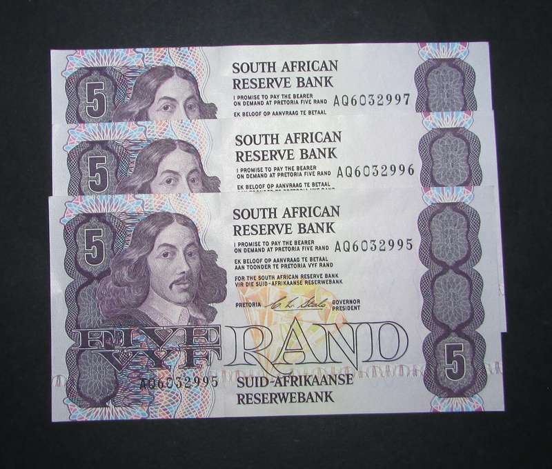 Republic of South African : CL Stals Five Rand Notes ( 3 Notes In Sequence )