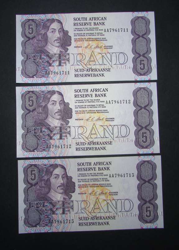Republic of South African : CL Stals Five Rand Notes ( 3 by AA Notes In Sequence )