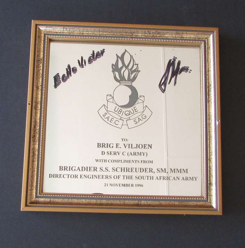 SADF - Engineers Plaque Owned and Signed by Brig Eddie Viljoen