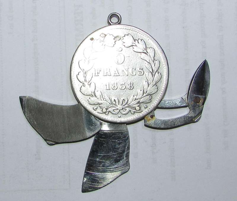 France - 1838 5 Franc Coin Turned into a Pendant/Pocket Knife