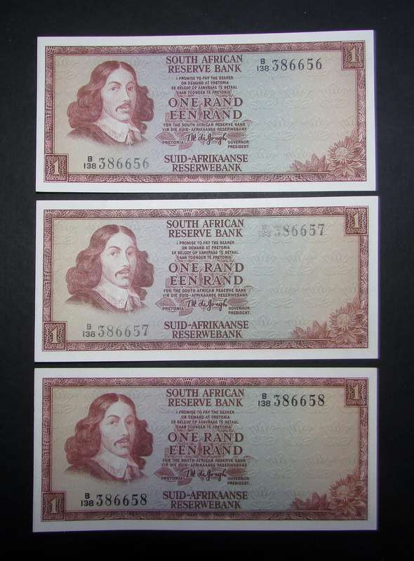 Republic of South Africa - De Jongh One Rand Banknotes in Sequence