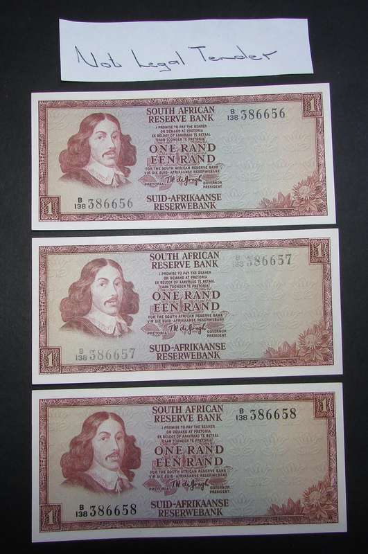 Republic of South Africa - De Jongh One Rand Banknotes in Sequence