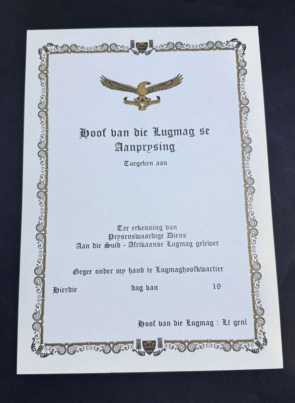SADF - SAAF Hoor Van die Lugmag se Aanprysing Certificate ( Afrikaans )