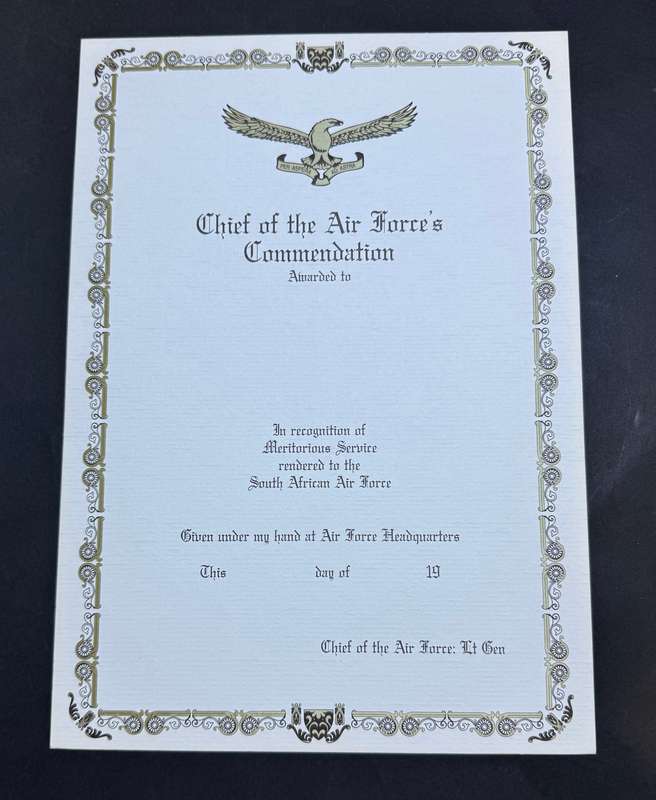 SADF - SAAF Chief of the Air Force Commendation Certificate ( English )