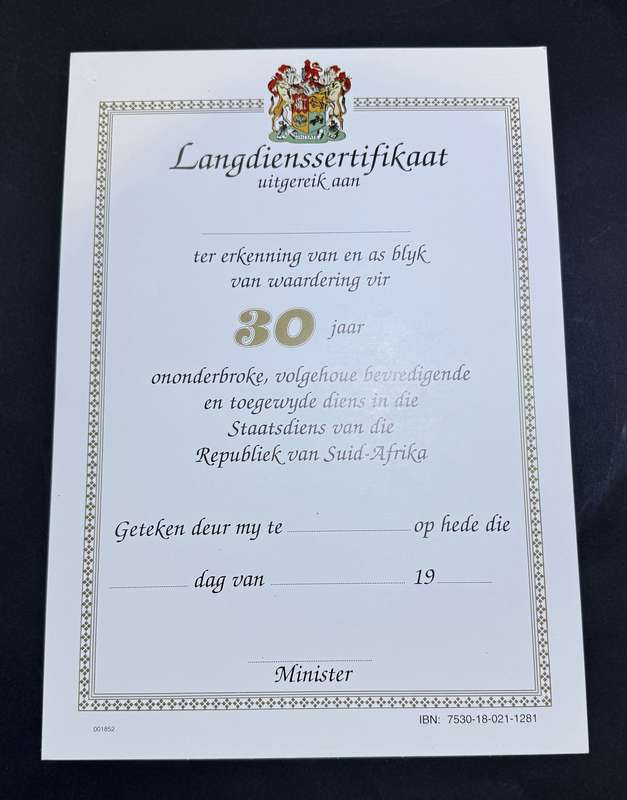 SADF - Lang Diens 30 Jaar Certificate ( Afrikaans )