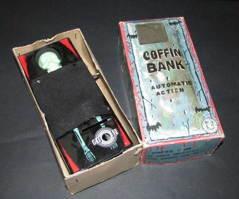 Vintage Coffin Bank Tin Plate Toy ( Working )