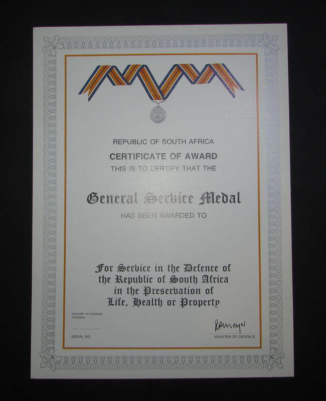 SADF - General  Medal Certificate - English