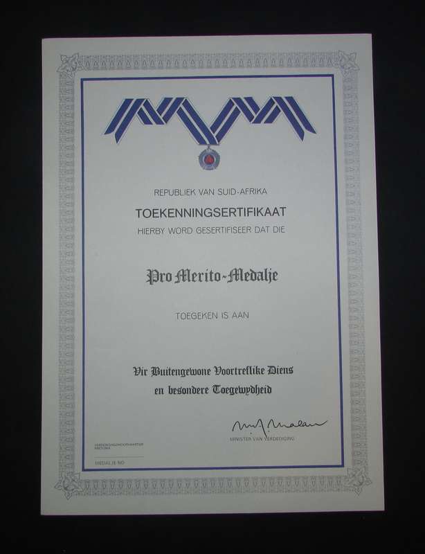 SADF - Pro Merito DECORATION Certificate - Afrikaans