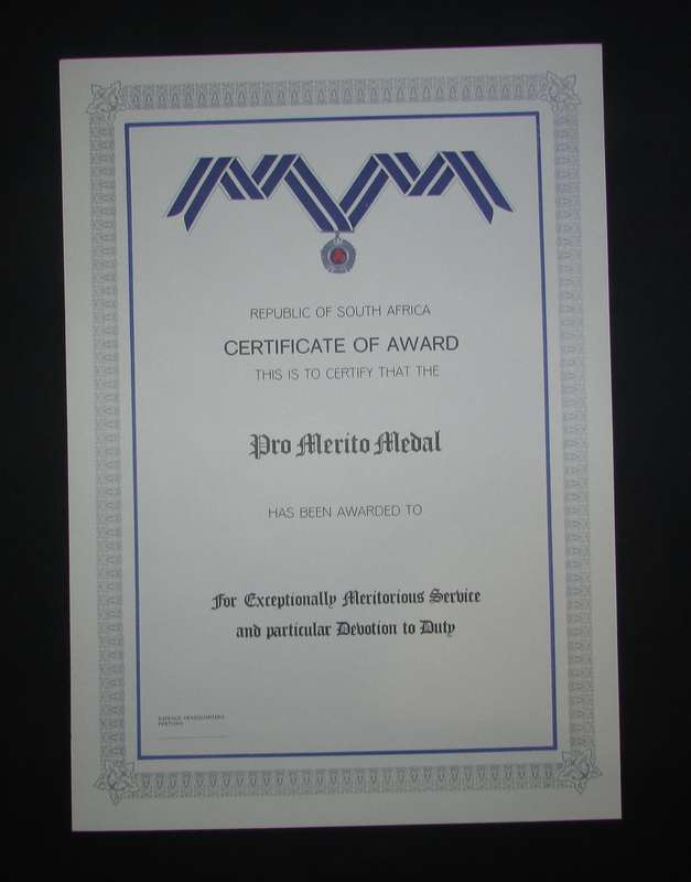 SADF - Pro Merito Medal Certificate - English