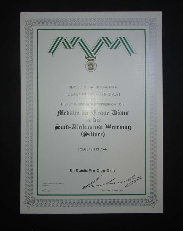 SADF - 20 Year Good Service Silver Medal Certificate - Afrikaans