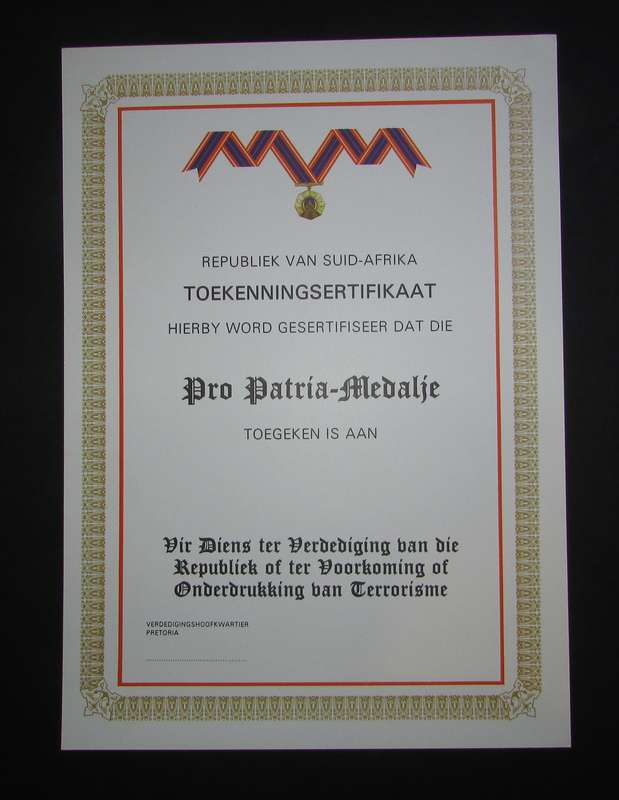 SADF - Pro Patria Medal Certificate - Afrikaans