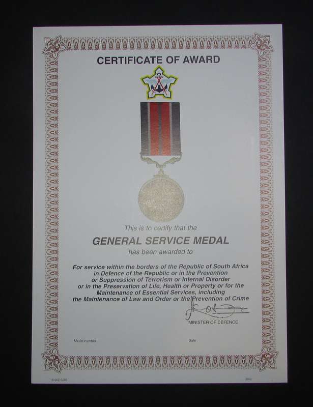 SADF - General Service Medal Certificate - Afrikaans ( Last One )