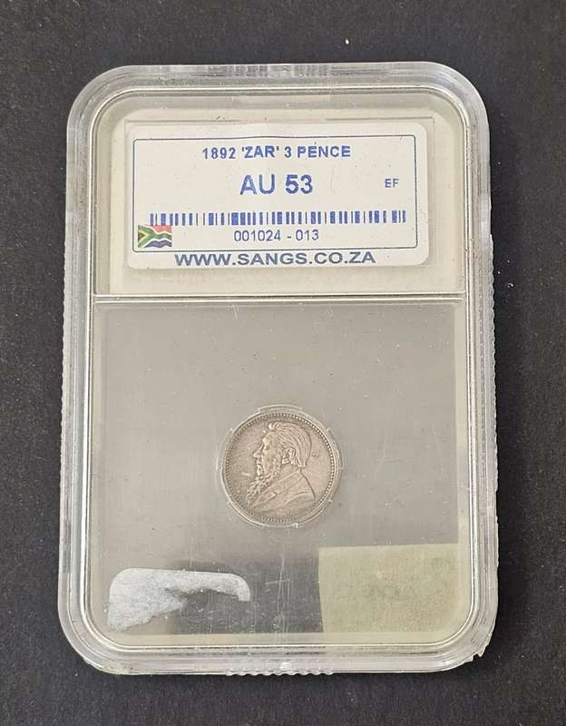 ZAR Silver - 1892 Threepence SANGS Graded AU53