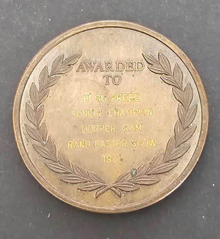 Witwatersrand Agricultural Society Medal Awarded to: H Du Preez Ran Easter Show
