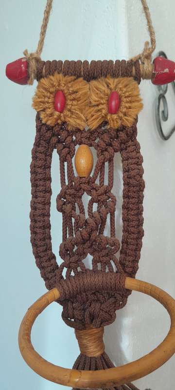 Vintage macramé owl hanging decor