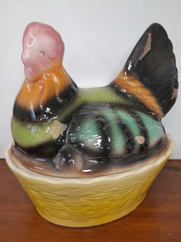 Colourful ceramic hen dish and lid
