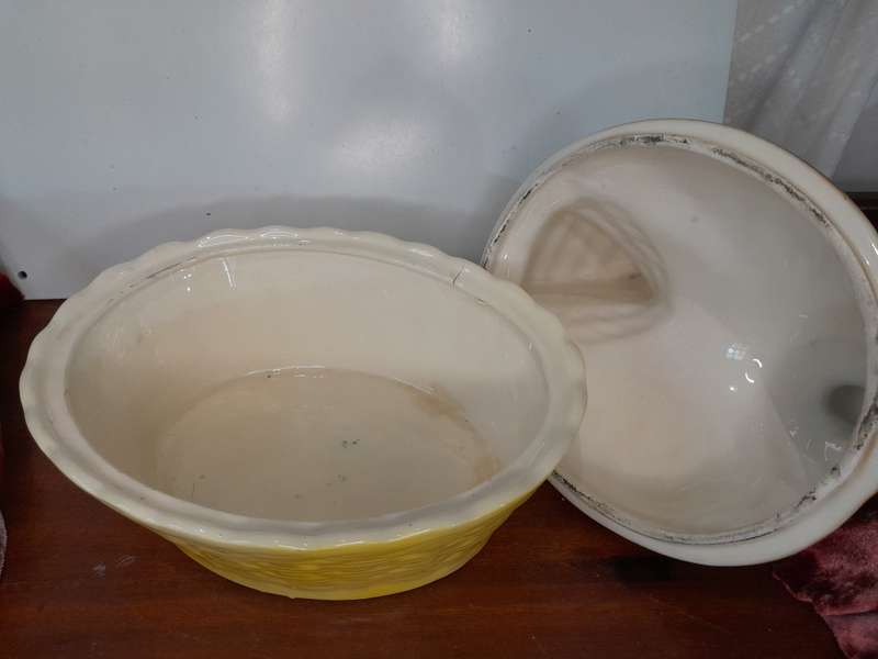 Colourful ceramic hen dish and lid
