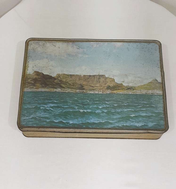 Vintage biscuit tin with Table Mountain