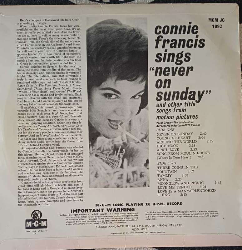 Connie Francis sings never on a Sunday LP