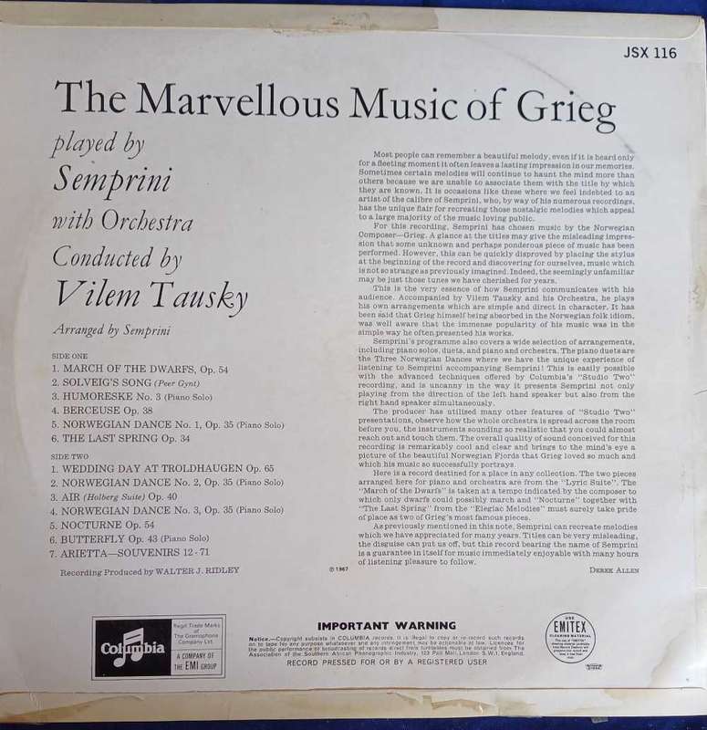 Semprini plays the marvellous music of Grieg LP