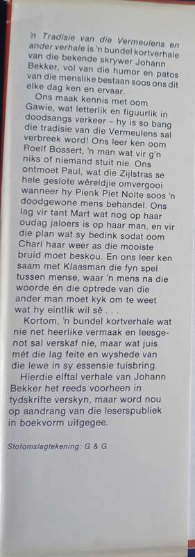 'n Tradisie van die Vermeulens en ander verhale deur Johann Bekker