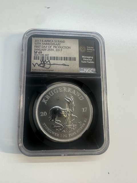 2017 SILVER KRUGERRAND 1oz NGC SP69 FIRST DAY OF PRODUCTION SIGNED TUMI