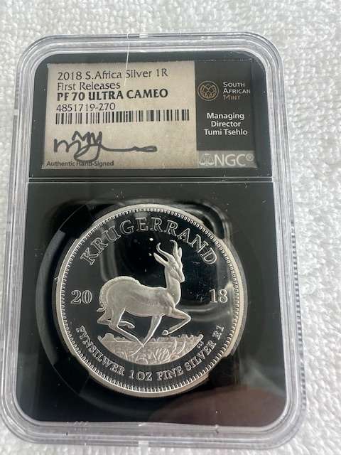 2018 SILVER KRUGERRAND 1oz NGC PF70 FIRST RELEASES SIGNED BY TUMI