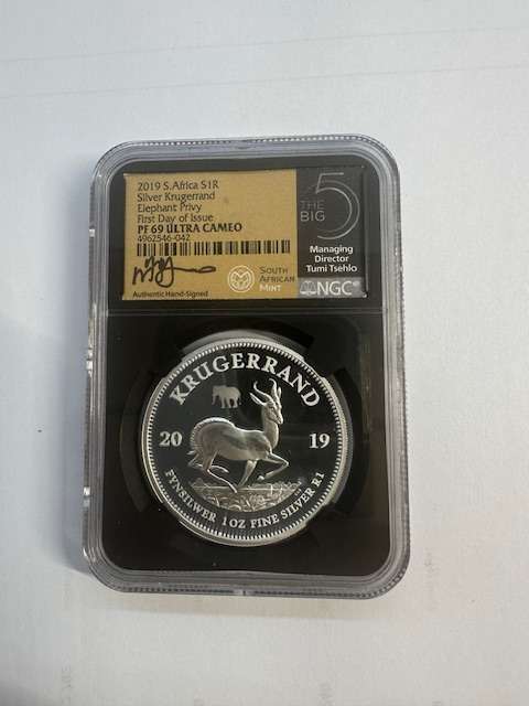 2019 SILVER KRUGERRAND 1oz NGC PF69 ELEPHANT PRIVY BIG 5 TUMI SIGNED