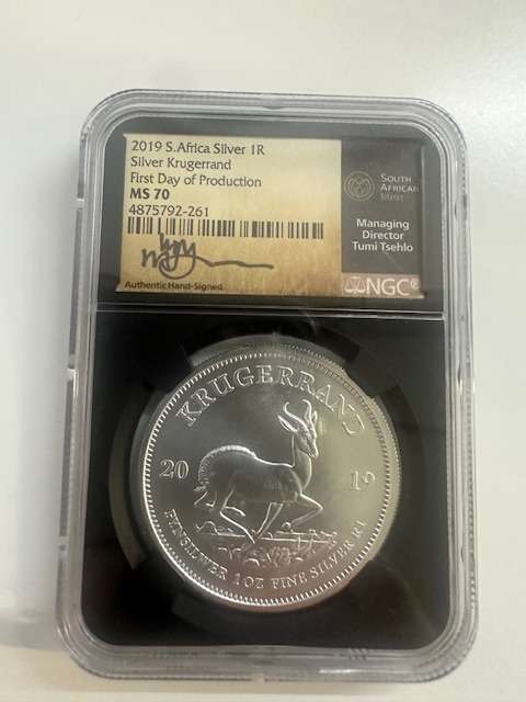 2019 SILVER KRUGERRAND 1oz NGC MS70 FIRST DAY OF PRODUCTION SIGNED TUMI