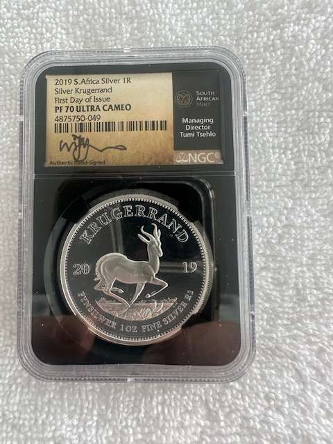 2019 SILVER KRUGERRAND 1oz NGC PF70 FIRST DAY OF ISSUE SIGNED TUMI