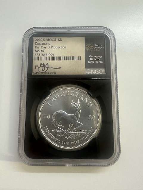 2020 SILVER KRUGERRAND 1oz NGC MS70 FIRST DAY OF PRODUCTION SIGNED TUMI
