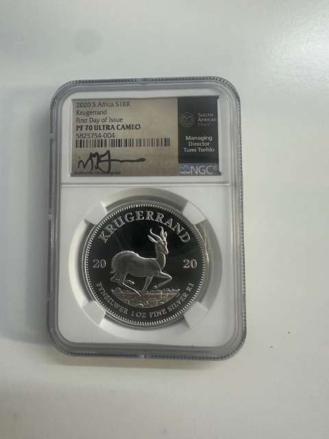 2020 SILVER KRUGERRAND 1oz NGC PF70 FIRST DAY OF ISSUE SIGNED TUMI