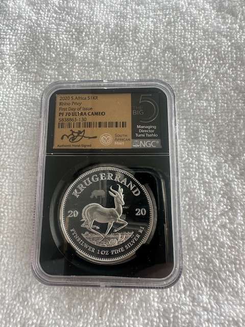 2020 SILVER KRUGERRAND 1oz NGC PF70 RHINO PRIVY FIRST DAY OF ISSUE BIG 5 TUMI SIGNED