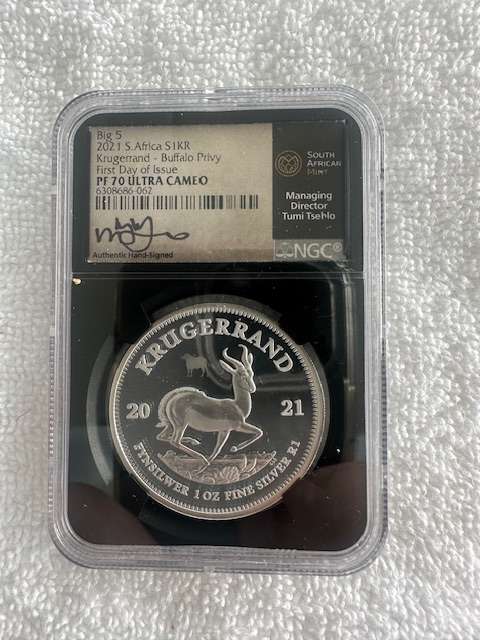 2021 SILVER KRUGERRAND 1oz NGC PF70 BUFFALO PRIVY FIRST DAY OF ISSUE SIGNED TUMI