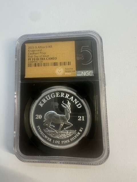 2021 SILVER KRUGERRAND 1oz NGC PF70 ELEPHANT PRIVY FIRST DAY OF ISSUE BIG 5