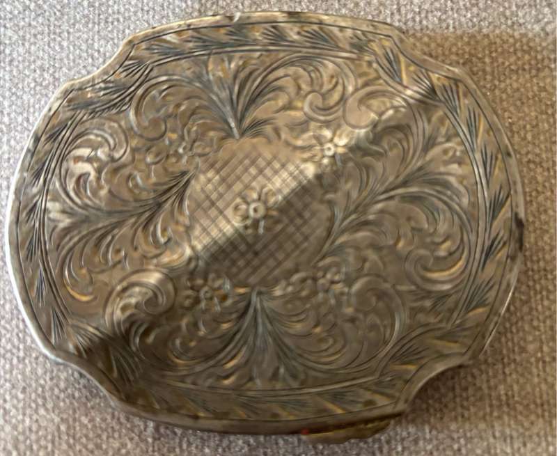 VINTAGE ENAMEL ENGRAVED SILVER COMPACT
