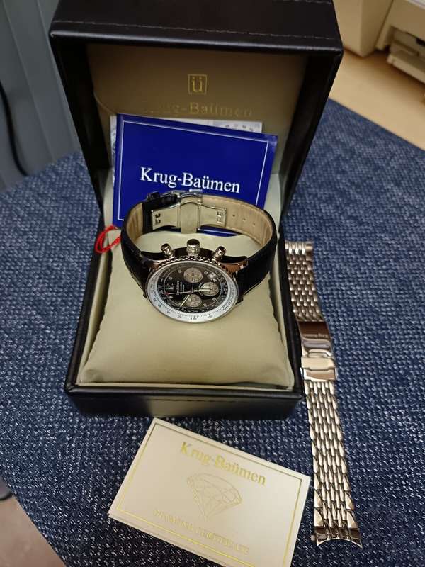 Krug Baumen - Air Traveller Diamond watch original strap like new, extra leather strap and box