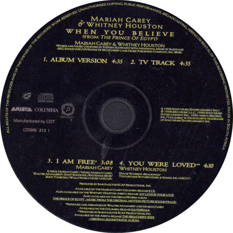MARIAH CAREY WHITNEY HOUSTON - When You Believe - South African CD - CDSIN3131