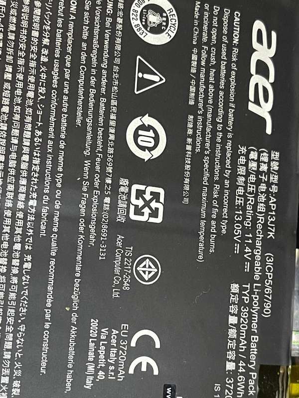 Acer Chromebook C730 Battery AP13J7K 3ICP5(67/90), 11.4 V 3920mAh/42.2Wh