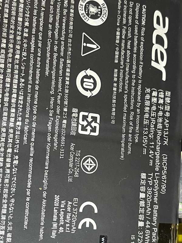 Acer Chromebook C730 Battery AP13J7K 3ICP5(67/90), 11.4 V 3920mAh/42.2Wh