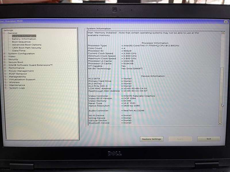 DELL PRECISION 3520 MOTHERBOARD (INTEL CORE i7-7700HQ)