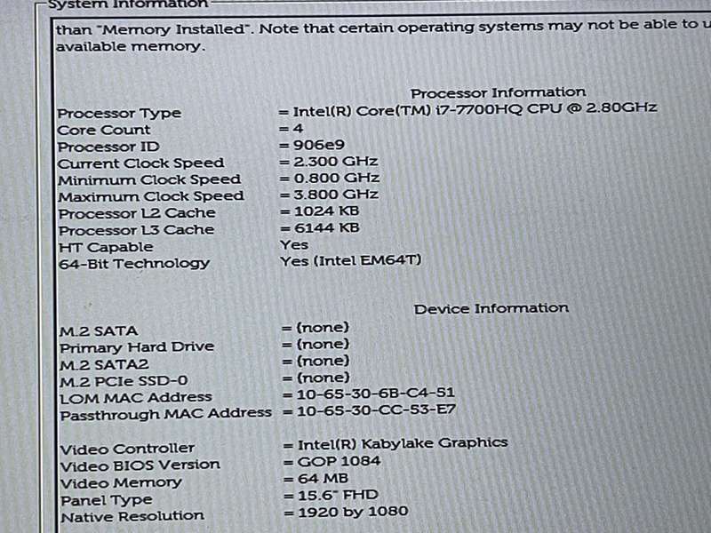 DELL PRECISION 3520 MOTHERBOARD (INTEL CORE i7-7700HQ)