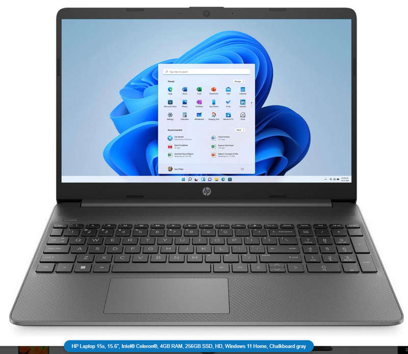HP Laptop 15s, 15.6", Intel® Celeron®, 4GB RAM, 256GB SSD, HD, Windows 11 Home, Chalkboard gray