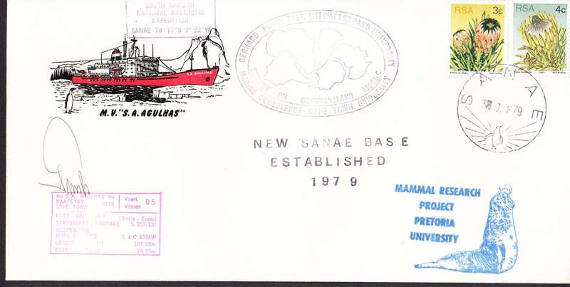 RSA COVER 1979: NEW SANAE BASE ESTABLISHED - SIGNED BY CAPTAIN OF M.V. "S.A. AGULAS" - RARE COVER