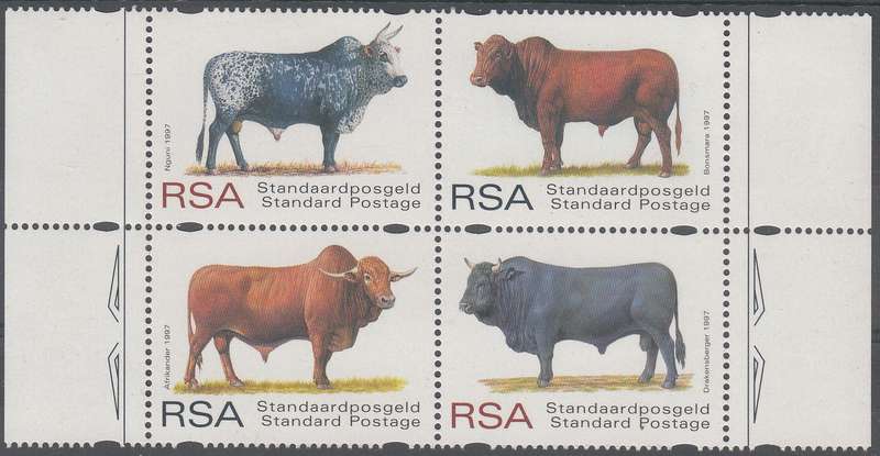 RSA 1997: SOUTH AFRICAN INDIGENOUS CATTLE SETENANT BLOCK OF 4 MNH (SACC 1056-1059)
