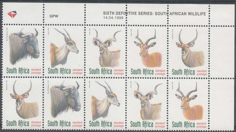 RSA 1998: 6th DEFINITIVE ISSUE ANTELOPES CONTROL STRIP OF 10 DATED 14-4-99 MNH (SACC 1089-1093)