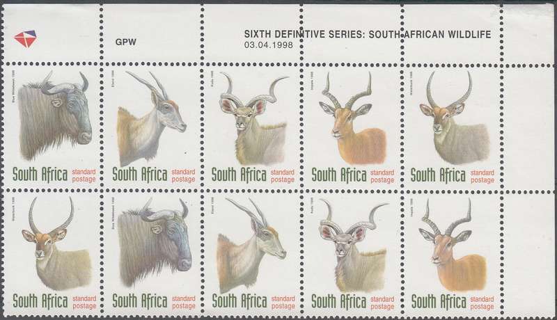 RSA 1998: 6th DEFINITIVE ISSUE ANTELOPES CONTROL STRIP OF 10 DATED 3-4-98 MNH (SACC 1089-1093)